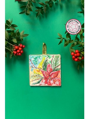 El Yapımı Kırmızı Yılbaşı Çiçeği Temalı Minik Duvar Tablosu 10X10 cm