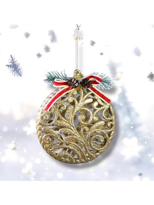 Kıvrımlı Desenli Yuvarlak Yılbaşı Süsü, Şampanya Renk, 14 Cm, Şıklık ve Neşe Katar