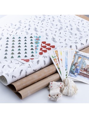 Renkli 30 Parça Yılbaşı Süsü ve Hediye Sepeti, Kartpostallar, Stickerlar, Pamuk Şeritler