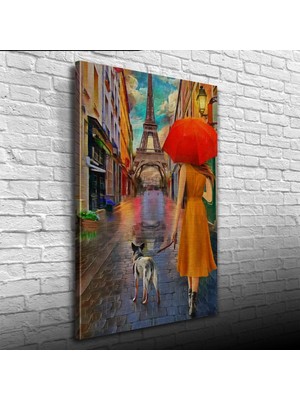İşsevenler Eyfel Kulesi önünde Kırmızı Şemsiyeli Kadın Yağlıboya Kanvas Tablo 50 x 70