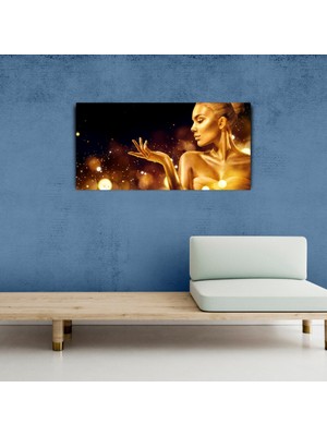 İşsevenler Altın Sarısı tonlarda Kadın ve Su Damlacıkları Kanvas Tablo 60 x 120