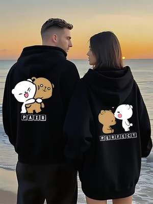 Nevermind Sevgili Kombin Hoodie Çift Sweatshirt – Çiftlere Özel Ayıcık Baskılı Pair Perfect Kapüşonlu Oversize