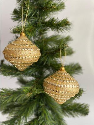 Parlak Altın Renkli Büyük Çam Ağacı Süsü, 2'li Set, Işlemeli ve Simli Detaylı