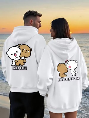 Nevermind Sevgili Kombin Hoodie Çift Sweatshirt - Çiftlere Özel Ayıcık Baskılı Pair Perfect Beyaz