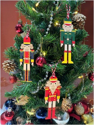 Yılbaşı Ahşap Ağaç Süsü Seti, Renkli ve Şık 3 Parça