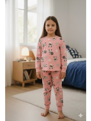 Bunny Hopp Panda Desenli %100 Pamuk Interlok Kız Çocuk Pijama Takımı