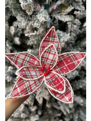 Kırmızı Ekoseli Keten Ata Çiçeği 25 Cm, Yılbaşı ve Yeni Yıl Süsü, Yapay ve Canlı Renkli