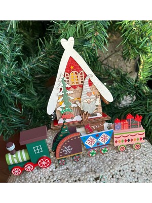 Işıklı Yılbaşı Tren Dekorasyonu, Ahşap Geyikli Set, Kırmızı Renk, Ev ve Hediye Için Ideal