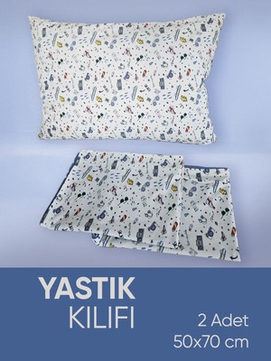 Piyes Home Mavi Desenli Pamuk Kumaşlı Penye Fermuarlı 2 Adet Yastık Kılıfı