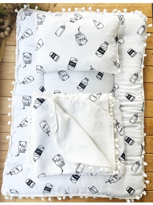 Mammaso Milk Desenli Çift Katlı Müslin ve Waffle Kumaş Alt Açma , Yastık ve Battaniye 3’lü Set 40×70 Tek Ebat