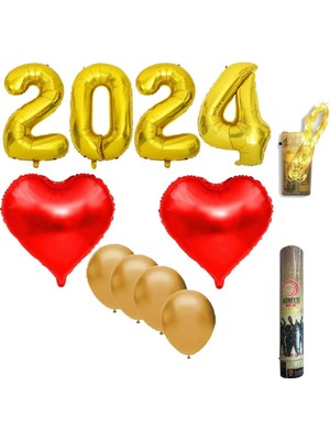 2025 Yılbaşı Süsleme Seti Gold Kırmızı, Kalp Balon, Konfeti, Pilli Led, Rakam Folyo Balon