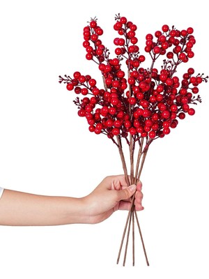El Yapımı Kırmızı Kokina Red Berry Yılbaşı Süsleri, Ledli Işıklı, 4 Adet