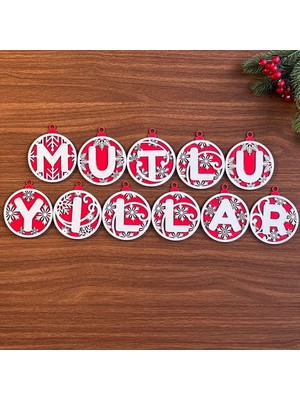 Kırmızı Beyaz Ipli Ahşap Yılbaşı Süsü, Mutlu Yıllar Yazılı, Renkli Dekorasyon