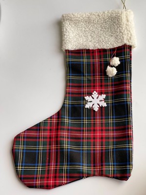 Kırmızı Ekoseli Dev Boy Noel Çorabı ve Hediye Poşeti Seti