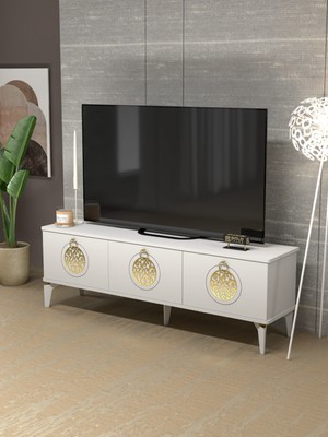 İşsevenler Tv Sehpası Tv Ünitesi Saraylı Beyaz Gold 5062
