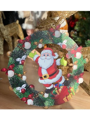 Kırmızı Ahşap Yılbaşı Kapı Süsü, Büyük Çelenk, Noel Baba, Lazer Kesim