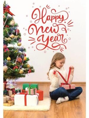 Kırmızı Yeni Yıl Temalı Vitrin Cam Sticker Dekorasyonu 55X55