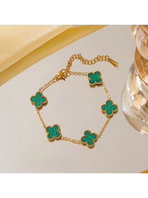 Vitrin Accessories Çelik Bileklik Dört Yapraklı Büyük Yonca Yeşil Çizgili Sedef Taşlı Uzunluk 18 cm Gold