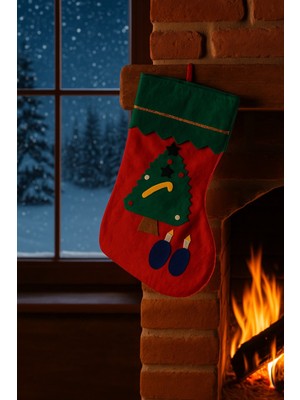 Renkli Keçe Yılbaşı Çorabı, Şömine Süsü, Dekoratif, El Yapımı, Noel Hediyesi