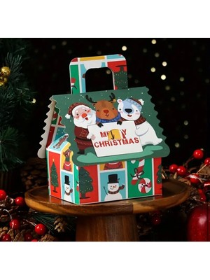 Yılbaşı Temalı Noel Baba ve Geyik Desenli Renkli Ev Şekilli Hediye Kutusu