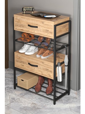 İşsevenler Ayakkabılık Ahşap 2 Kapaklı Metal Raflı 4 Katlı Çok Amaçlı Atlantik Çam
