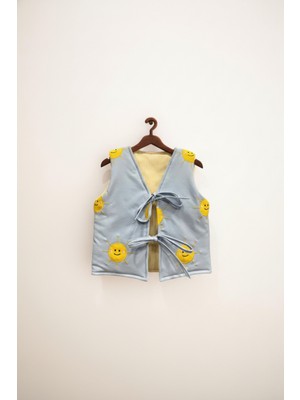 Magu Unisex Çocuk Pamuklu Mavi Güneş Nakışlı Bağlamalı Yelek – Yumuşak Astar Detaylı