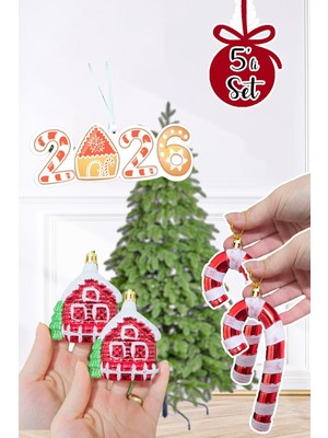 Renkli Yılbaşı Ağaç Süsleme Seti, Karlı Ev, Baston Şeker, 2025, Lüks 5li Paket