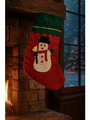 Kardan Adam Desenli Keçe Yılbaşı Çorabı, Şömine Dekoru ve Hediye Kese