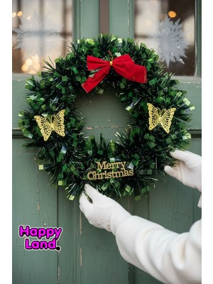 Yeşil Küçük Kelebekli Yılbaşı Çelenk Kapı ve Duvar Süsü, 25 cm