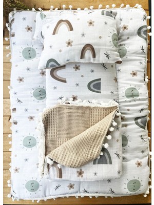 Mammaso Gökkuşağı Desenli Çift Katlı Müslin ve Waffle Kumaş Alt Açma , Yastık ve Battaniye 3’lü Set 40×70 Tek Ebat