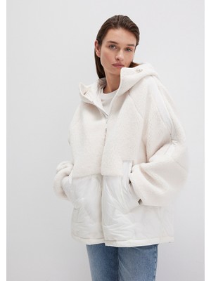 Mavi Peluş Detaylı Kapüşonlu Ekru Ceket 1110215-80194