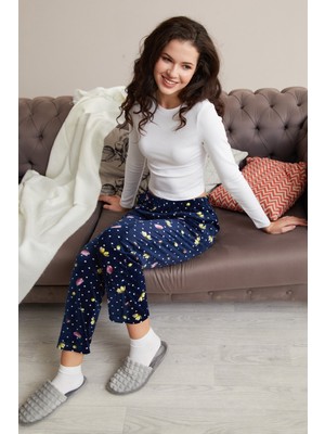 FullaModa Çiçek Baskılı Kadife Pijama Altı