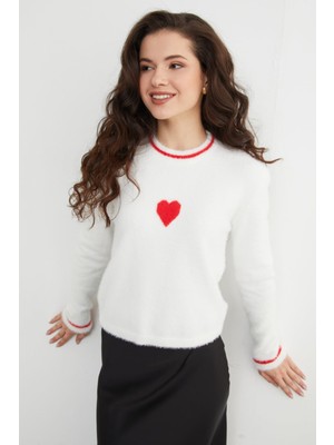 FullaModa Kalp Desenli  Bisiklet Yaka Sakallı Kazak