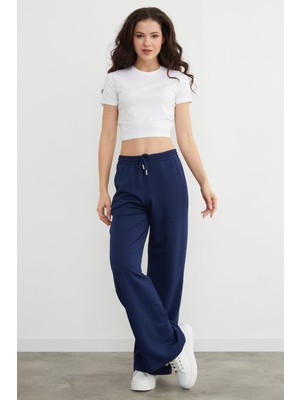 FullaModa Kadın Beli Bağlamalı Cepli Modal Eşofman Altı Lacivert %50 Viskon %45 Polyester