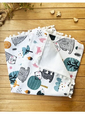 Mammaso Ön Tarafı Müslin Arka Tarafı Vafıl Kumaş Kenarları Ponponlu Ayıcık Desenli Çift Katlı Battaniye