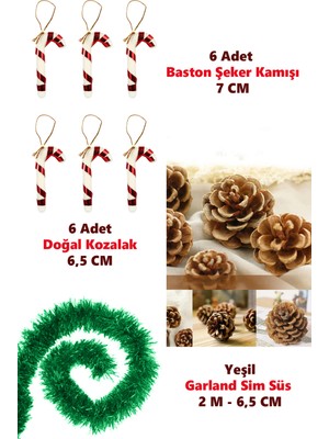 Yılbaşı Süsü, Doğal Kozalak, Şeker Kamışı Baston, Garland Sim Süs, Çam Süsü, 16 Parça