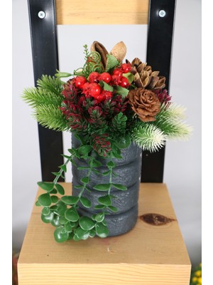 Ahşap Vazoda Sarkan Yeni Yıl Masa Çiçeği, 27 Cm, Canlı Kırmızı Renk.