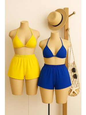 Pilelistore Kadın Sarı ve Mavi Şortlu Belden ve Boyundan Bağlamalı Bikini Takımı