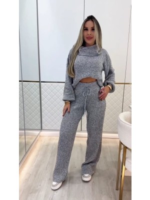 Bosel Kadın Uzun Kollu Balıkçı Yaka Kısa Triko Bluz ve Pantolon Ikili Takım