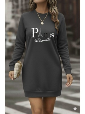 Aisha Elbise Kadın Uzun Kollu Bisiklet Yaka Yazılı Kısa Viskon Iki Iplik Elbise