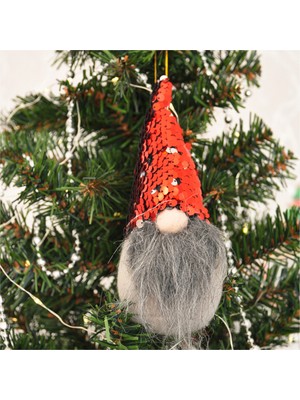Kırmızı Pullu Peluş Noel Baba Cüce 18 Cm, Yılbaşı Ağacı Süsü