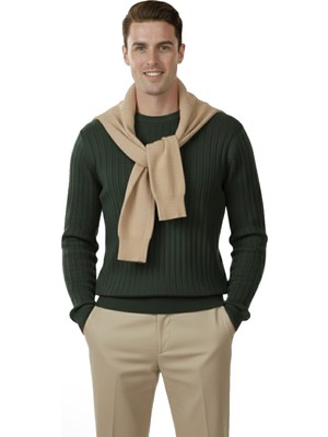 Deepsea Erkek Haki Rahat Kalıp Çizgi Dokulu Triko Kazak – Şık & Modern Tasarım 2605432