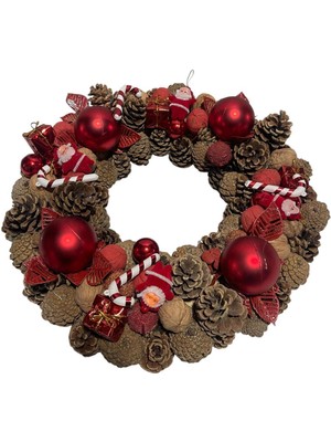 Doğal Kozalak Yılbaşı Kapı ve Duvar Süsü Çelenk, Renkli Dekorasyon