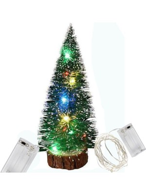 Renkli LED Işıklı Çam Ağacı, Karışık Renk, 20CM, Masa Üstü, Karlı ve Yapraklı