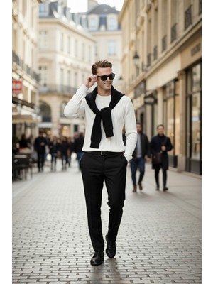 Deepsea Erkek Beyaz Rahat Kalıp Çizgi Dokulu Triko Kazak – Şık & Modern Tasarım 2605432