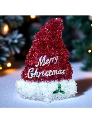 Parlak Metalik Yılbaşı Dekoru Şapkası Vitrin Süsü 36X27 cm Kırmızı Renk