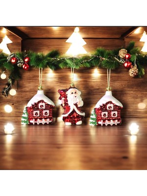 Yılbaşı Süsü 3'lü Noel Baba ve Ev Kırmızı 6 Cm, Neşeli Dekorasyon Seti