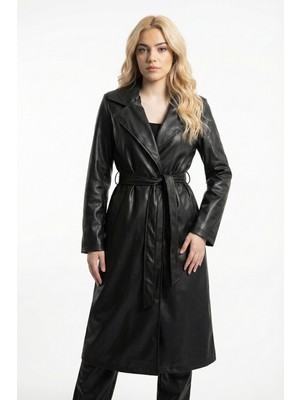 Famoda Kadın Siyah Uzun Deri Trençkot Cepli Kuşaklı Rüzgar Kapaklı Yeni Sezon Dış Giyim