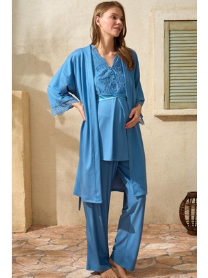 Pilelistore Sıfır Kol V Yaka Kadın Viskon Düz Yazlık Uzun Dantel Detaylı Hamile Pijama Takımı Sabahlık