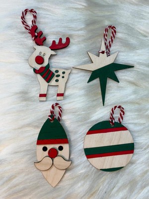 Yeşil Ahşap Yılbaşı Süsleri 4'lü Set (Geyik,noel Baba,yıldız,top)